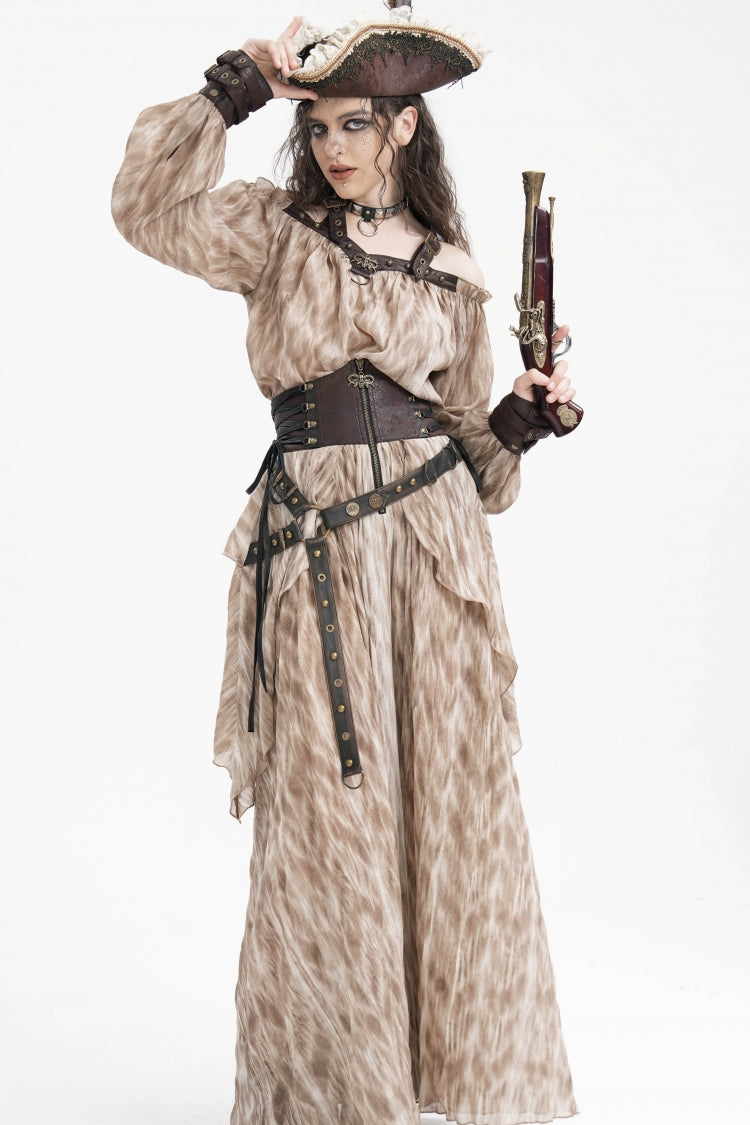 Apricot Ruffle Lace-Up Women's Gothic Eyelets Rivets Long Skirt - Product - 10