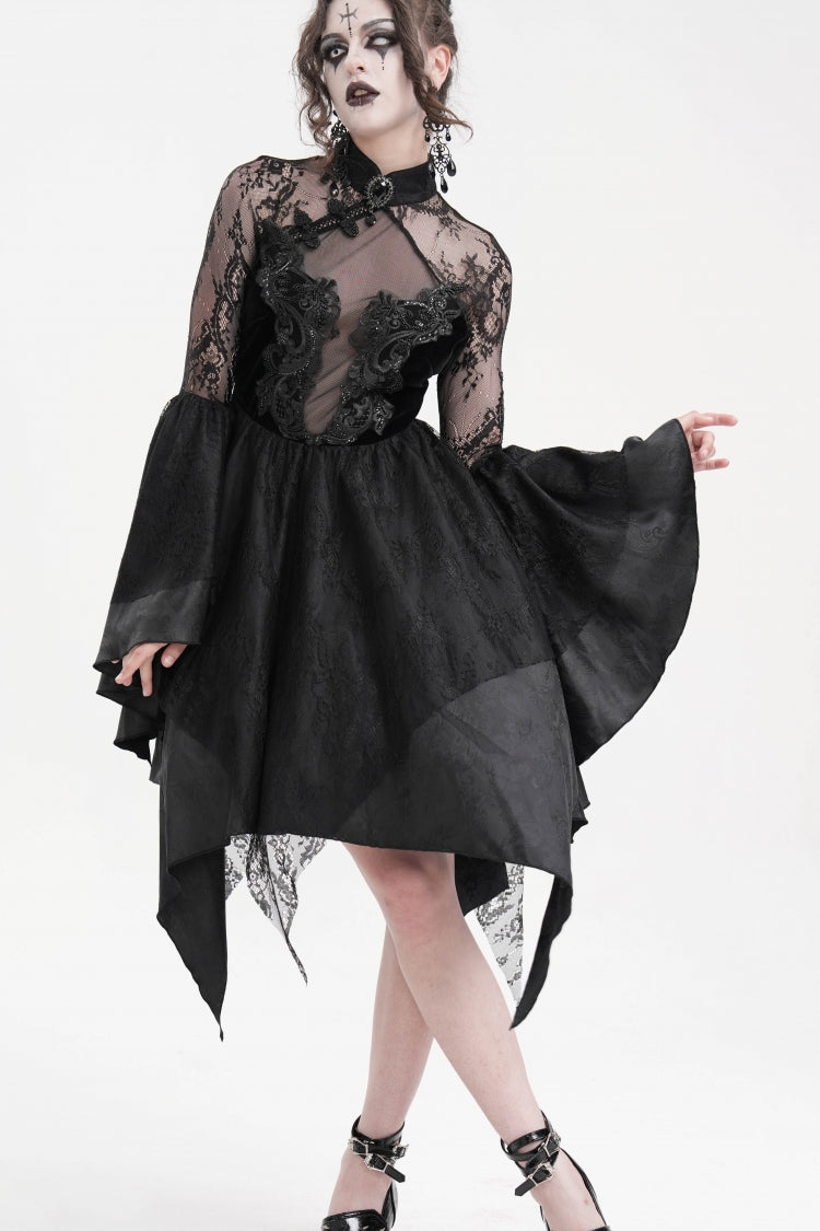 Black Long Sleeves Embroidery Lace Lace-Up Irregular Sheer Mesh Women's Gothic Dress - Product - 8