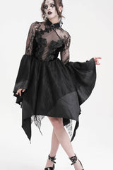 Black Long Sleeves Embroidery Lace Lace-Up Irregular Sheer Mesh Women's Gothic Dress - Product - 8