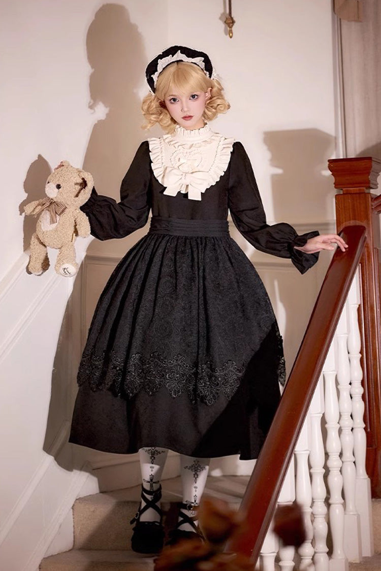 Black [Twilight Choir] Long Sleeves Bowknot Lace Sweet Vintage Lolita Dress 2 Versions - Black - 14