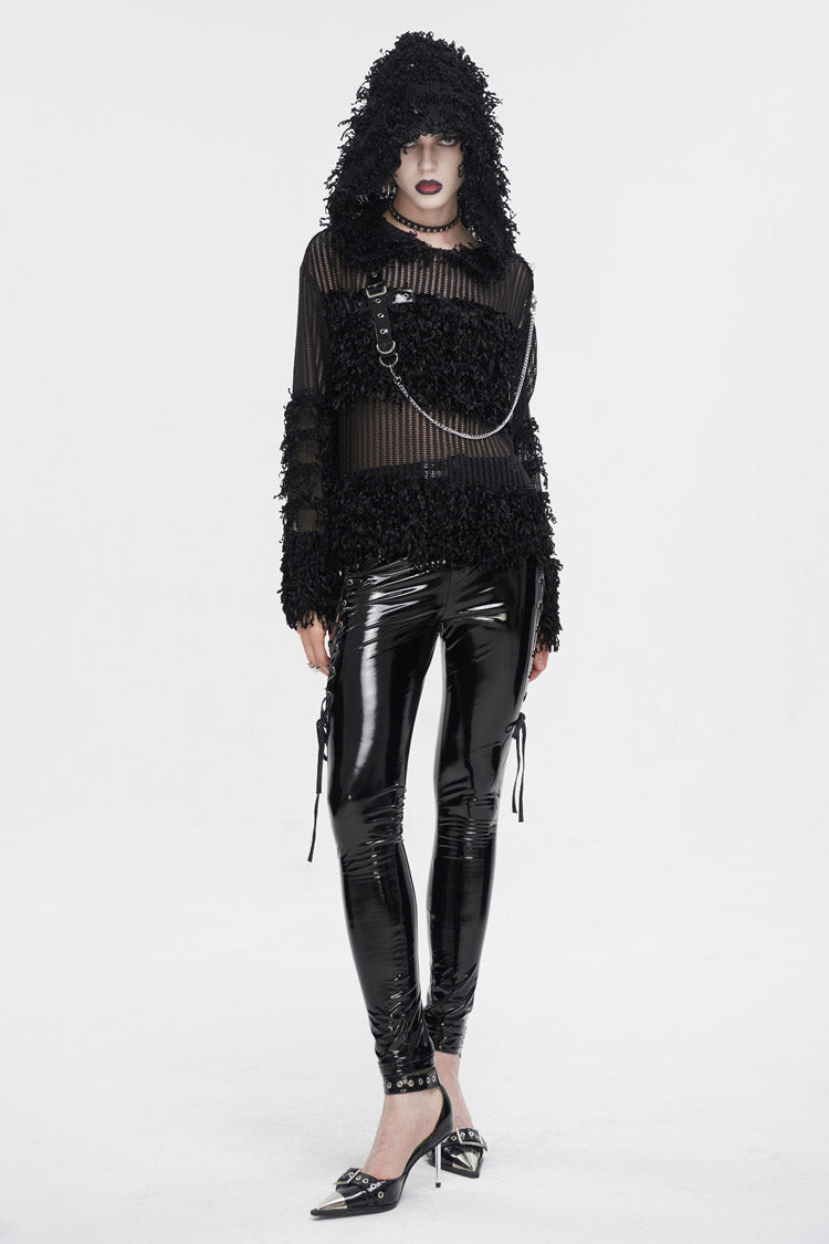 Black Segmented Mesh Matching Chain Women's Punk Hooded Sweater - Product - 3