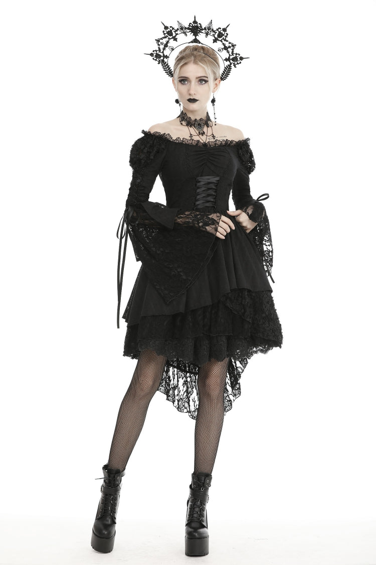 Black Off Shoulder Long Trumpet Puff Sleeves Lace-Up Strappy Mesh Women's Gothic Cocktail Dress - Product - 5