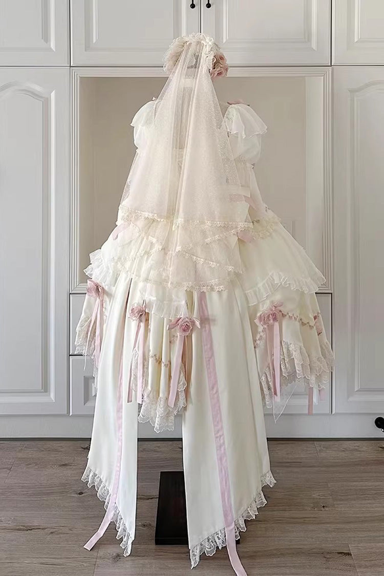 White [Mist and Tulle] Square Collar Multi-Layered Ruffled Hanayome Bow Lace Sweet Princess Gorgeous Lolita Dress - Product - 5