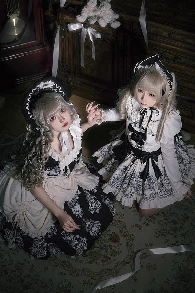 Doll Night Short Sleeves Print Ruffle Embroidery Bowknot Gothic Lolita Dress 2 Colors - Product - 7