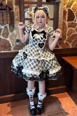 Black/White [Shibuya Sweetheart] Short Sleeves Plaid Print Ruffle Bowknot Sweet Lolita OP Dress (Plus Size Support) - Product - 6