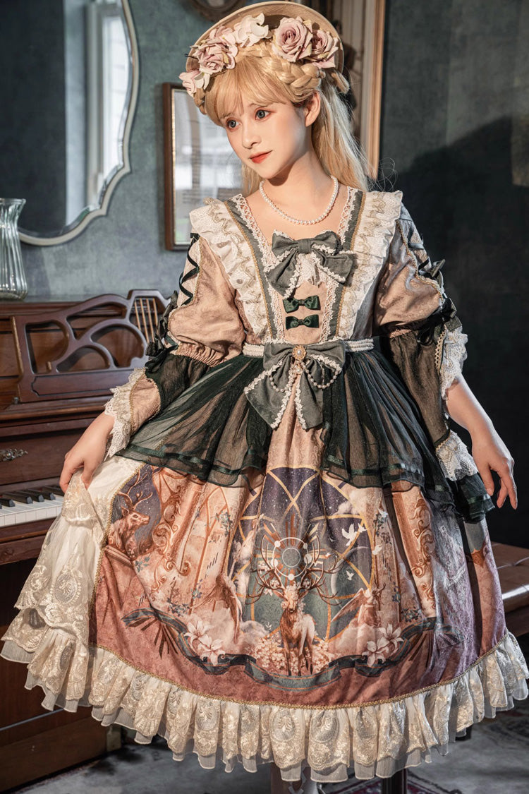 Green Gorgeous Short Sleeves Ruffle Bowknot Print Classic Lolita Dress - Product - 4