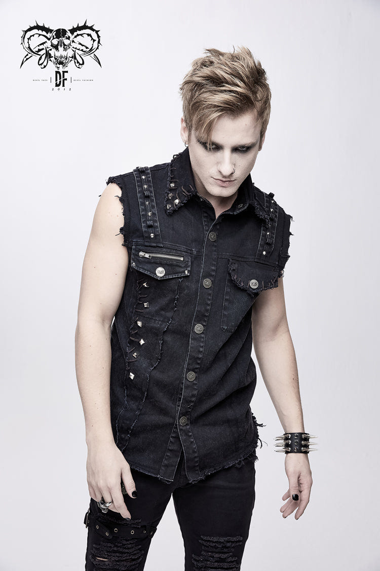 Black Faded Shoulder Bullet Clip Rivet Men's Punk Waistcoat - Product - 2