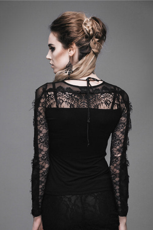Black Sexy Lace Pattern Long Sleeves Gothic Womens T-Shirt - Product - 7