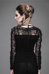 Black Sexy Lace Pattern Long Sleeves Gothic Womens T-Shirt - Product - 7