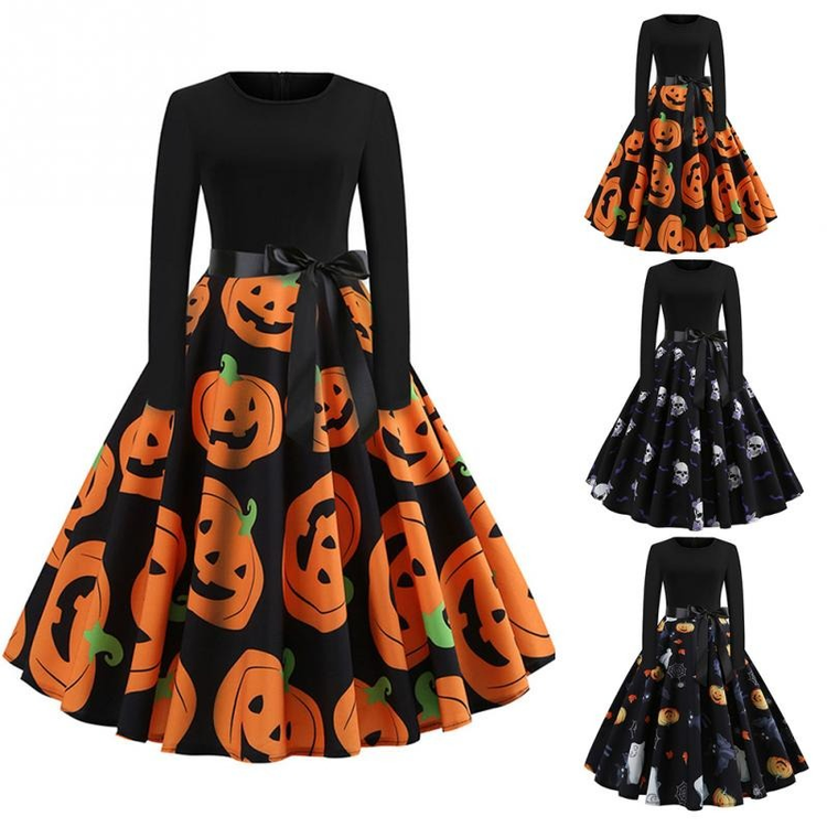 Fantastic Women's Halloween Dress with Pumpkin Print / Ladies Clothes with Long Sleeve - image 1
