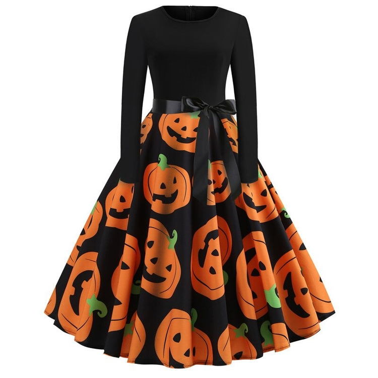 Fantastic Women's Halloween Dress with Pumpkin Print / Ladies Clothes with Long Sleeve - image 5