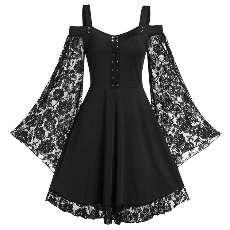 Gothic Women's Lace Patchwork Dresses With Flare Sleeve - image 1