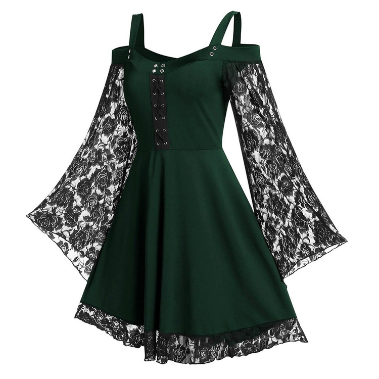 Gothic Women's Lace Patchwork Dresses With Flare Sleeve - image 5