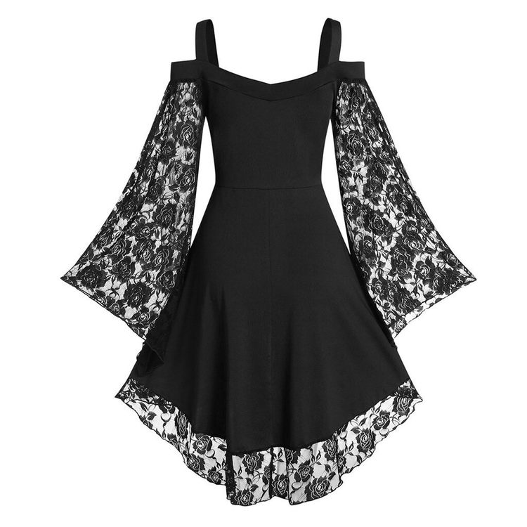 Gothic Women's Lace Patchwork Dresses With Flare Sleeve - image 3