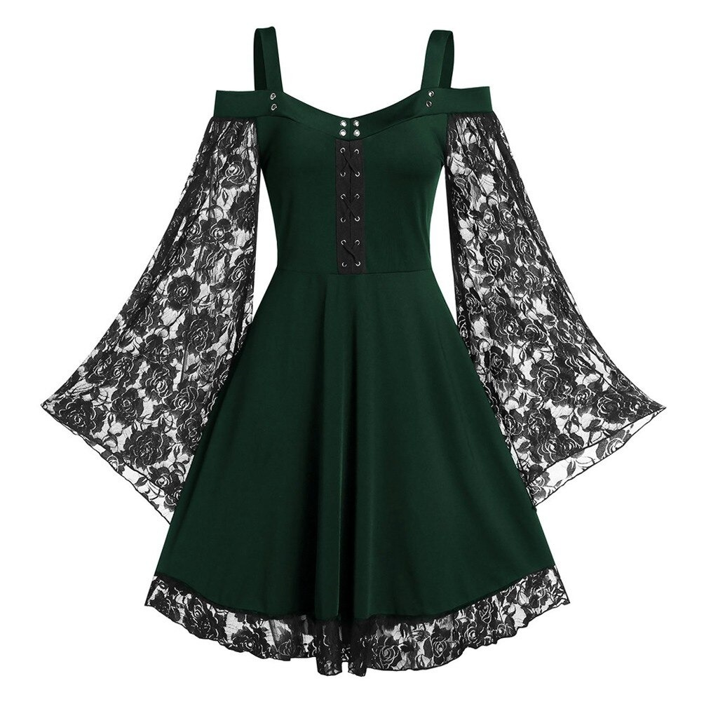 Gothic Women's Lace Patchwork Dresses With Flare Sleeve - image 4