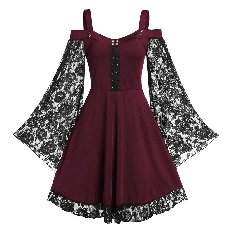 Gothic Women's Lace Patchwork Dresses With Flare Sleeve - image 7