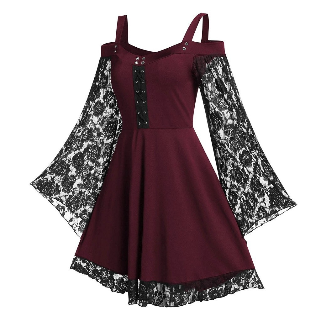 Gothic Women's Lace Patchwork Dresses With Flare Sleeve - image 8