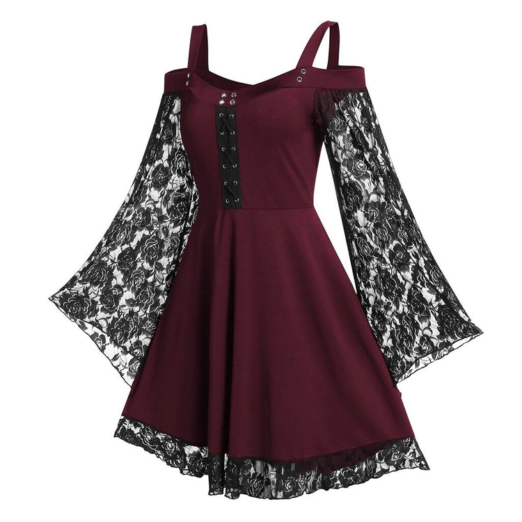 Gothic Women's Lace Patchwork Dresses With Flare Sleeve - image 8