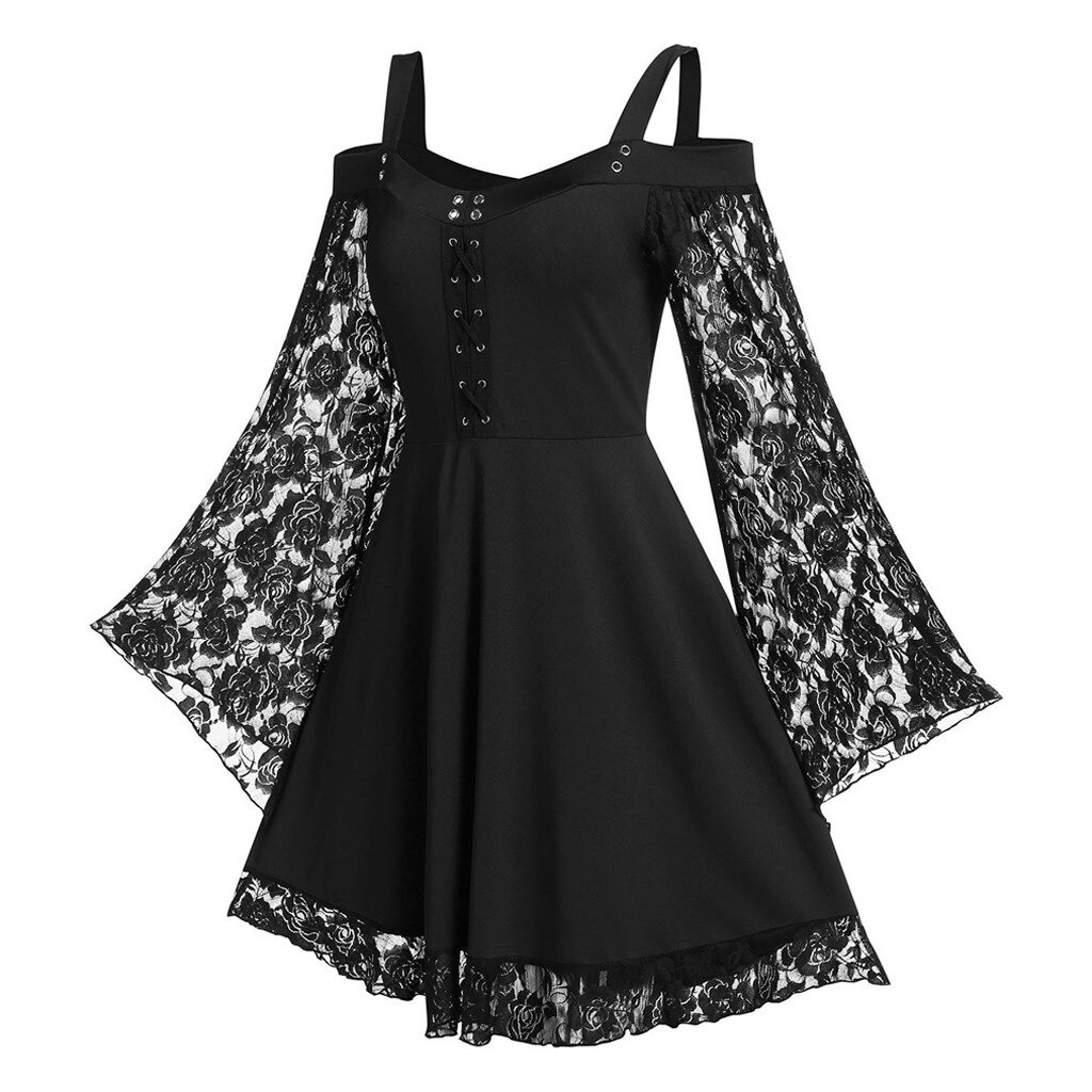 Gothic Women's Lace Patchwork Dresses With Flare Sleeve - image 2