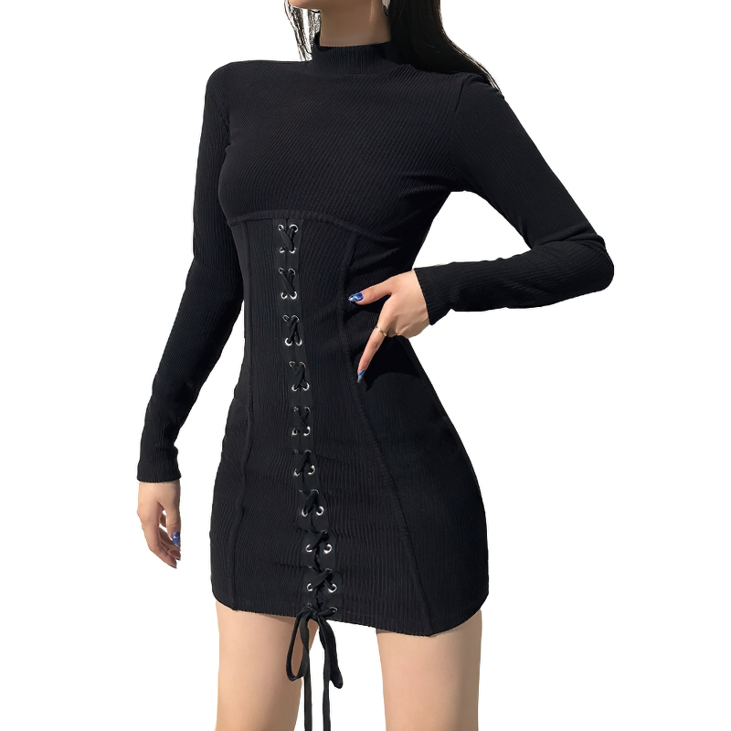 Fashion Patchwork Lace Up Bodycon Black Dress / Women's Long Sleeve Mini Dress - image 1