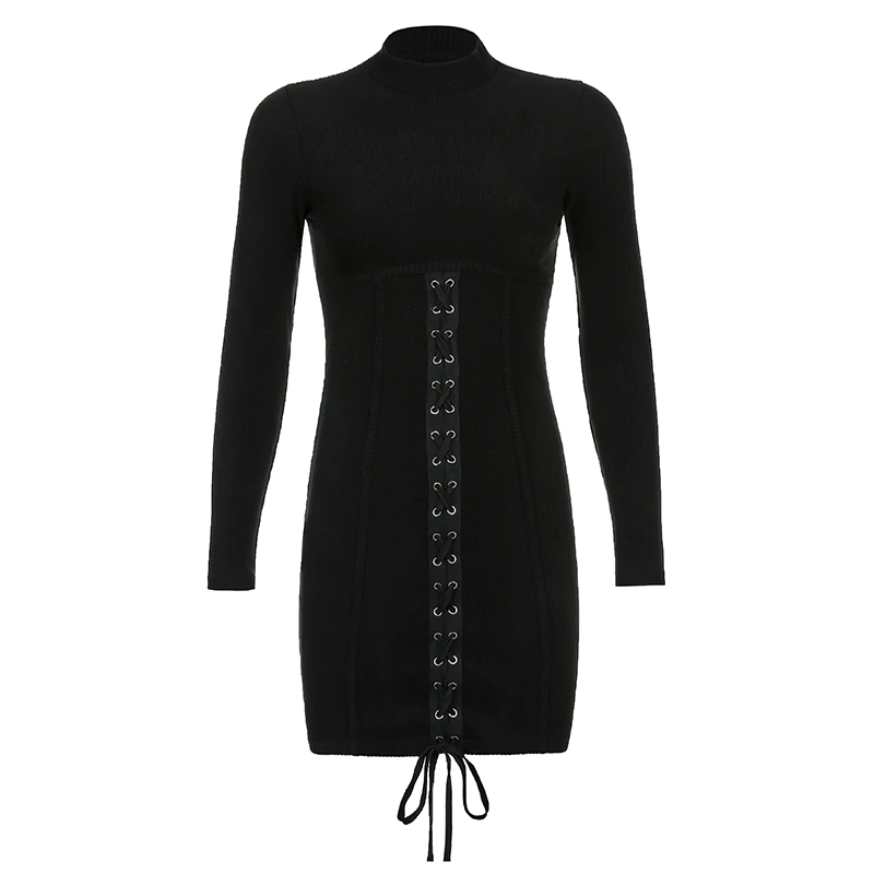Fashion Patchwork Lace Up Bodycon Black Dress / Women's Long Sleeve Mini Dress - image 7