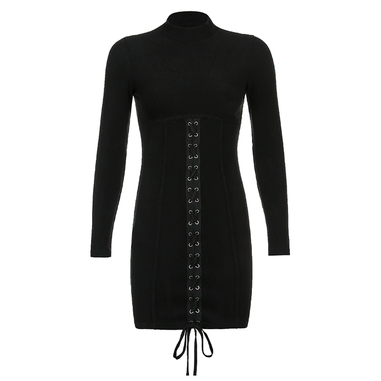 Fashion Patchwork Lace Up Bodycon Black Dress / Women's Long Sleeve Mini Dress - image 7