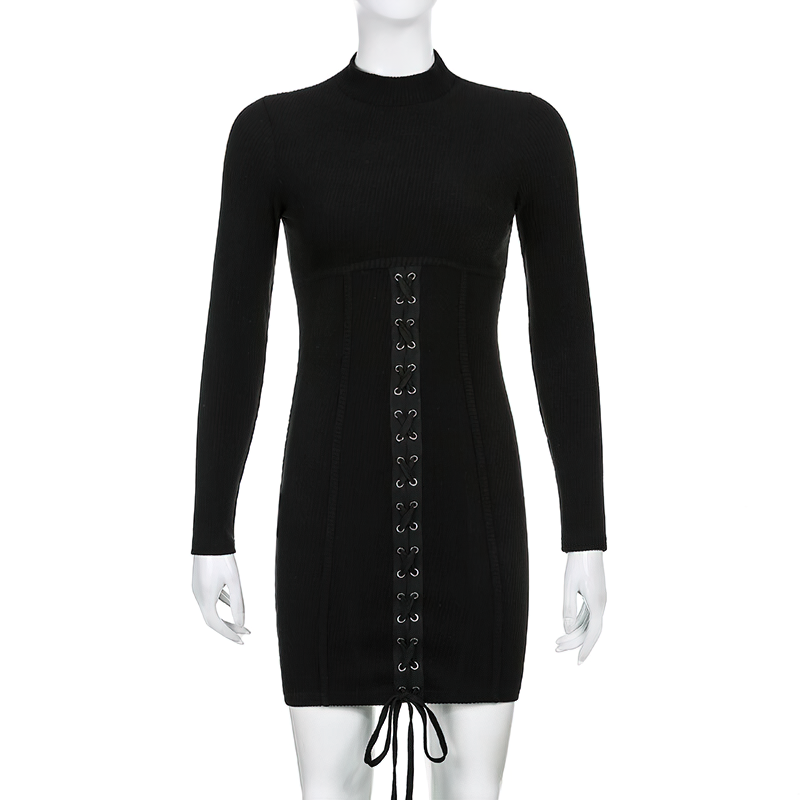 Fashion Patchwork Lace Up Bodycon Black Dress / Women's Long Sleeve Mini Dress - image 4