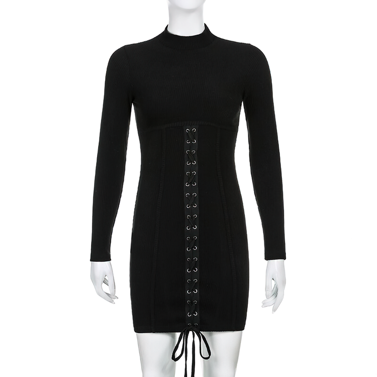 Fashion Patchwork Lace Up Bodycon Black Dress / Women's Long Sleeve Mini Dress - image 4
