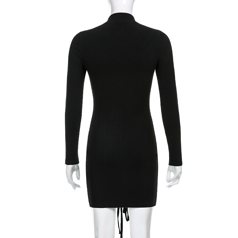 Fashion Patchwork Lace Up Bodycon Black Dress / Women's Long Sleeve Mini Dress - image 5