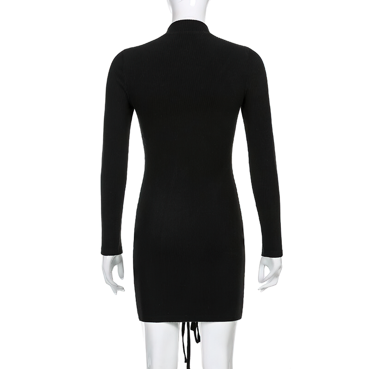 Fashion Patchwork Lace Up Bodycon Black Dress / Women's Long Sleeve Mini Dress - image 5