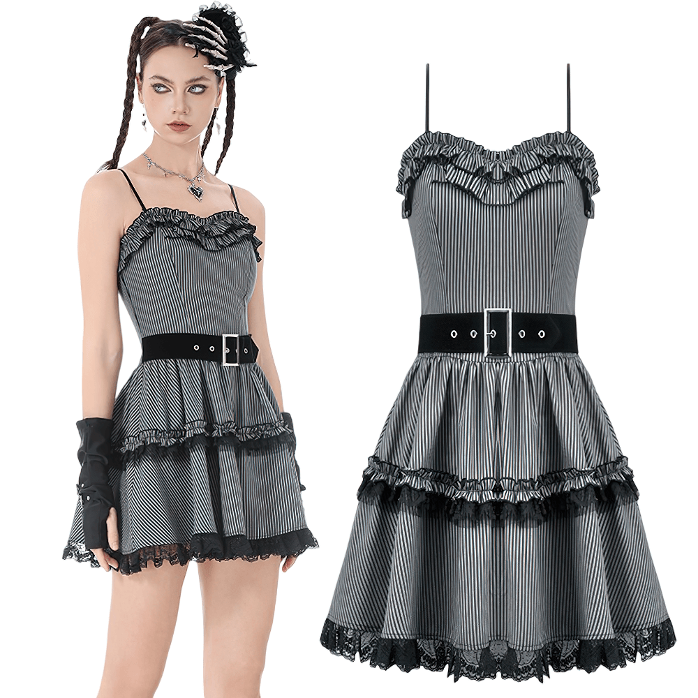 Fashion Pinstripe Ruffle Dress with Lace Hem and Belt - image 3