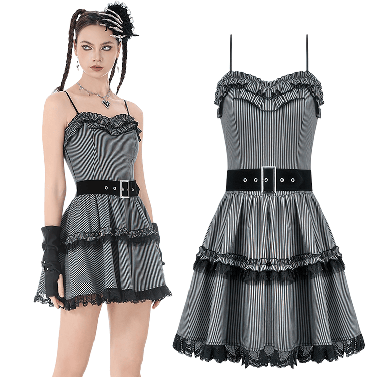 Fashion Pinstripe Ruffle Dress with Lace Hem and Belt - image 3