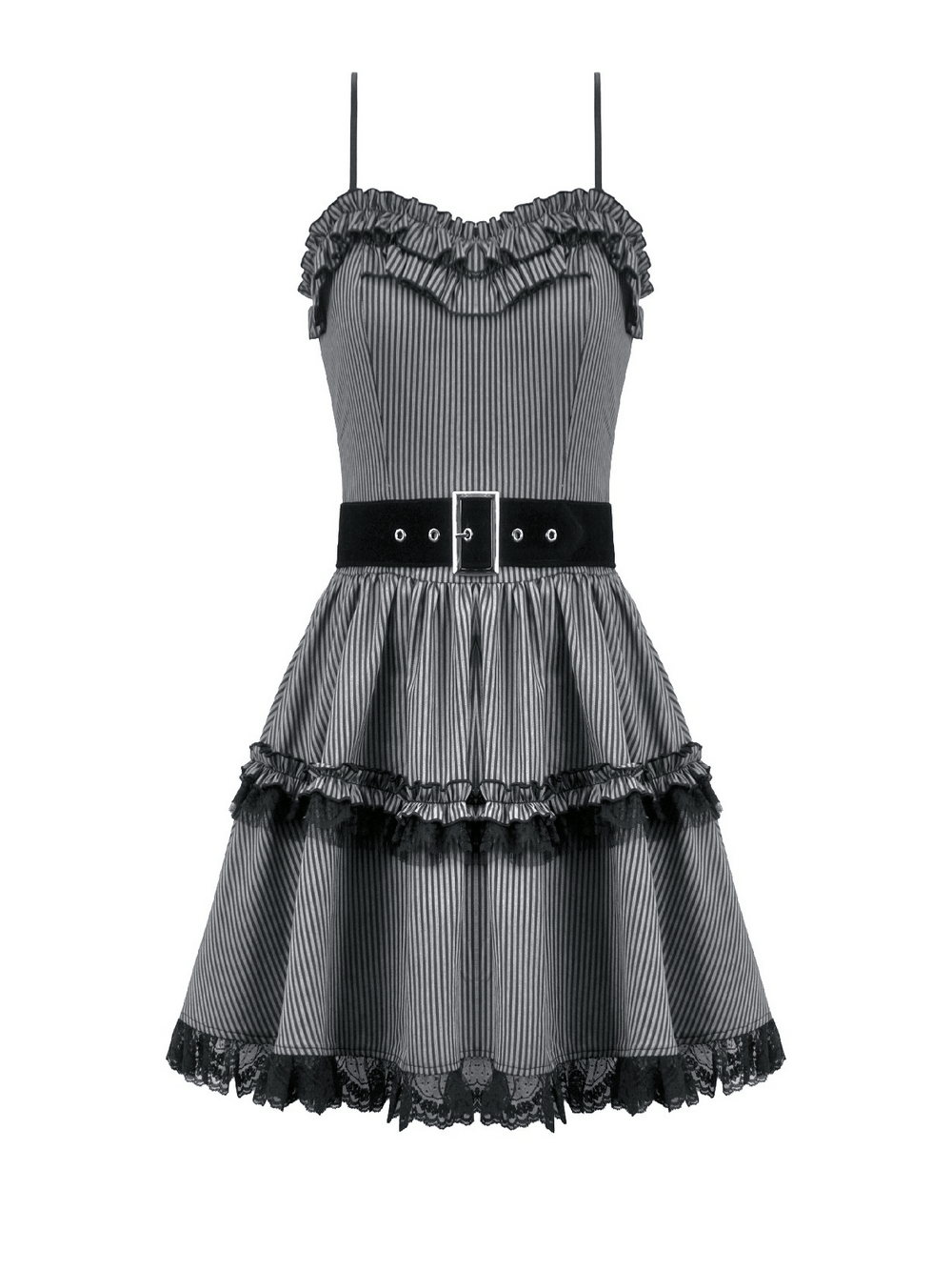 Fashion Pinstripe Ruffle Dress with Lace Hem and Belt - image 4