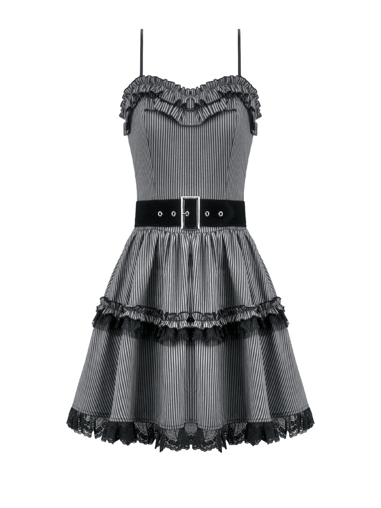 Fashion Pinstripe Ruffle Dress with Lace Hem and Belt - image 4