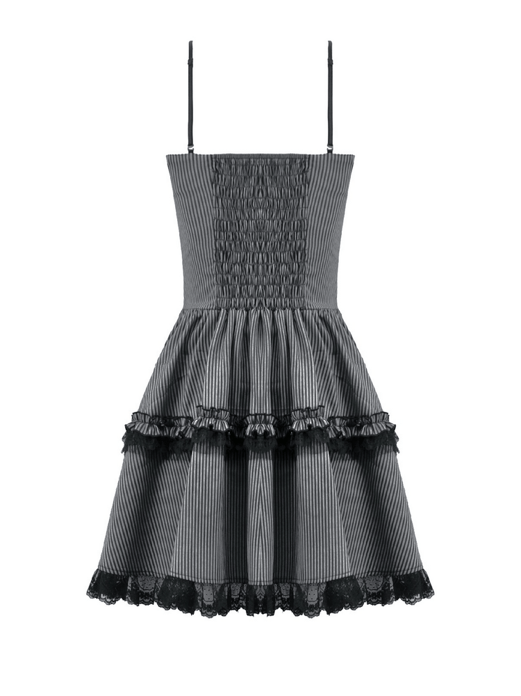 Fashion Pinstripe Ruffle Dress with Lace Hem and Belt - image 5