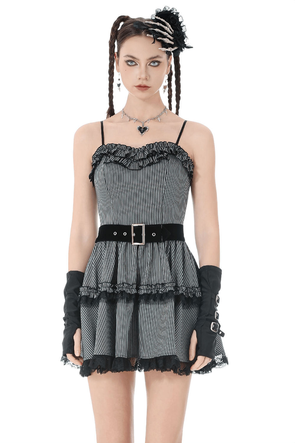 Fashion Pinstripe Ruffle Dress with Lace Hem and Belt - image 1