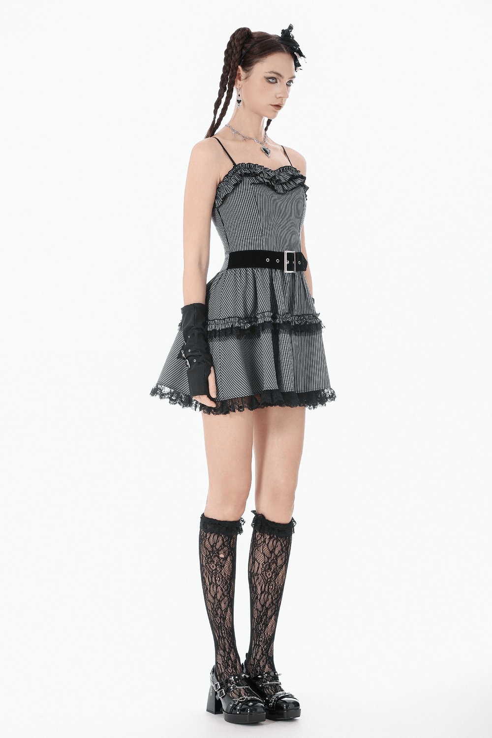 Fashion Pinstripe Ruffle Dress with Lace Hem and Belt - image 15