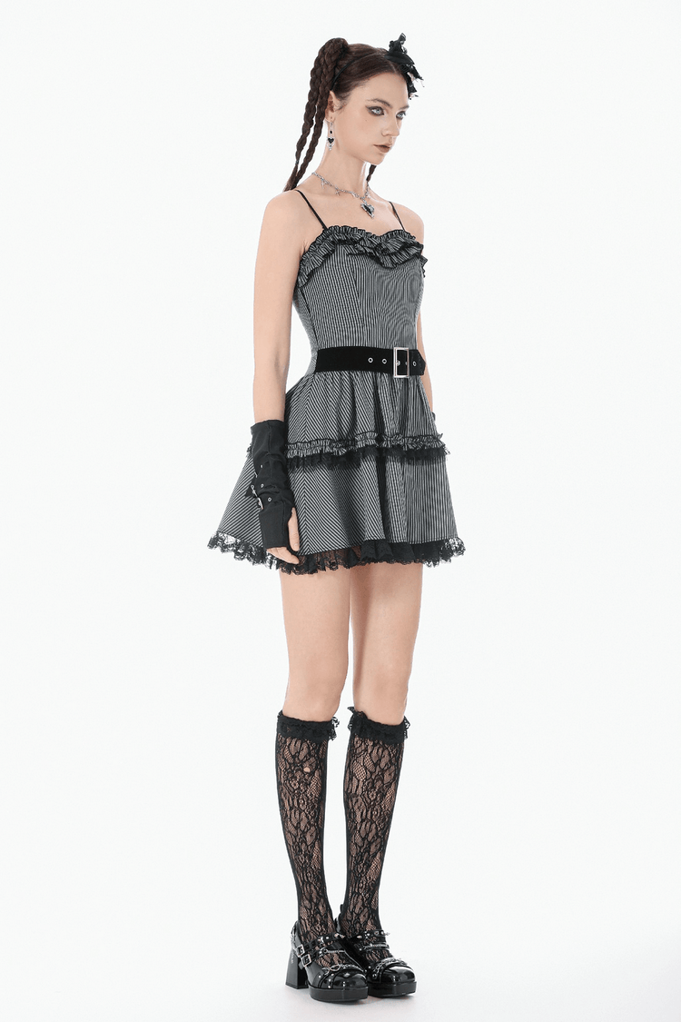 Fashion Pinstripe Ruffle Dress with Lace Hem and Belt - image 15