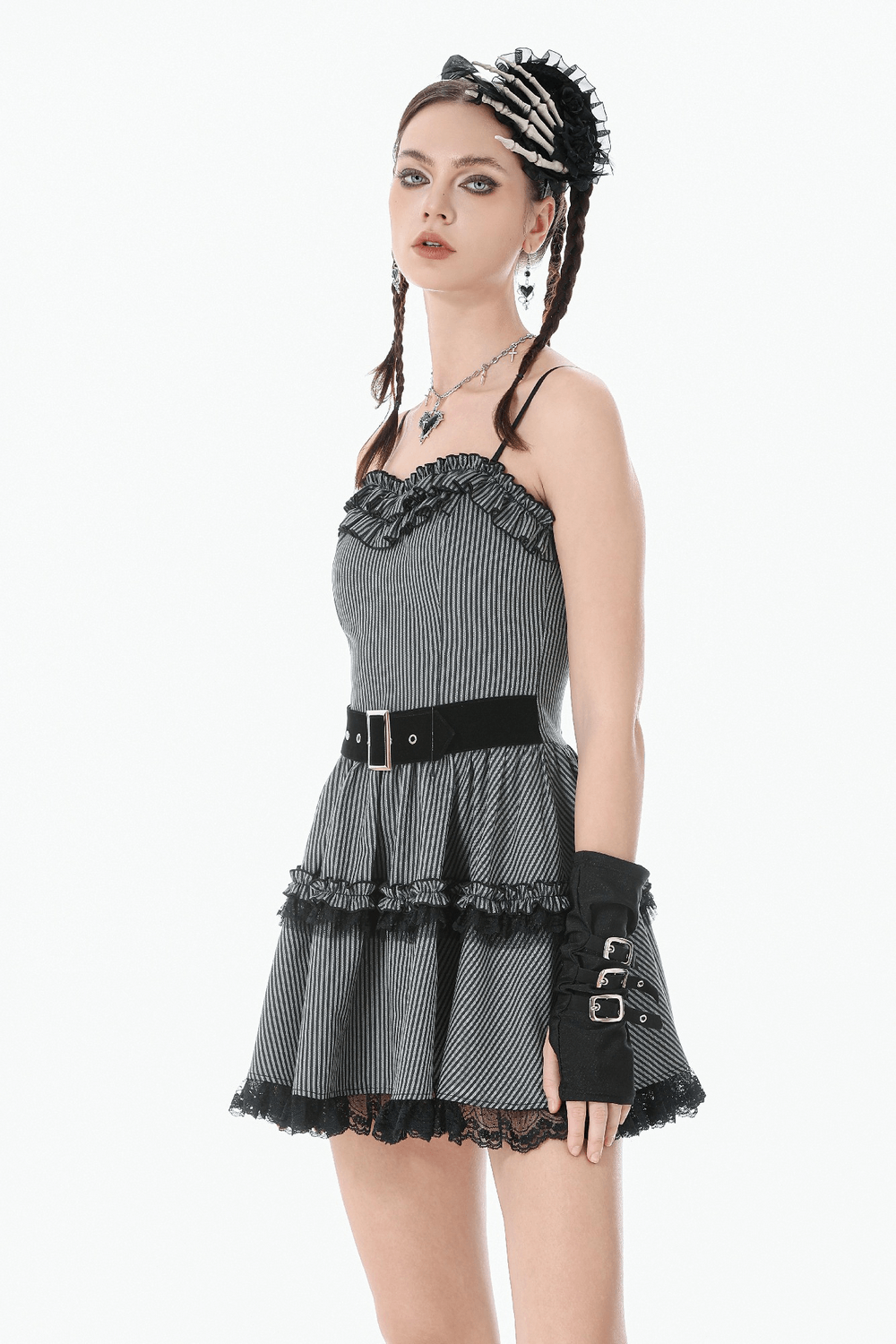 Fashion Pinstripe Ruffle Dress with Lace Hem and Belt - image 12