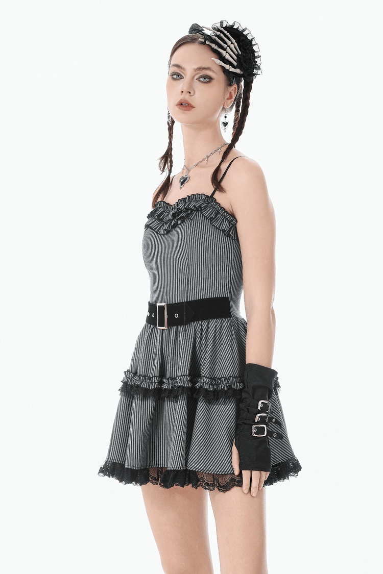 Fashion Pinstripe Ruffle Dress with Lace Hem and Belt - image 12