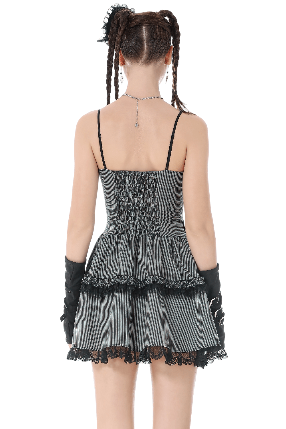 Fashion Pinstripe Ruffle Dress with Lace Hem and Belt - image 2