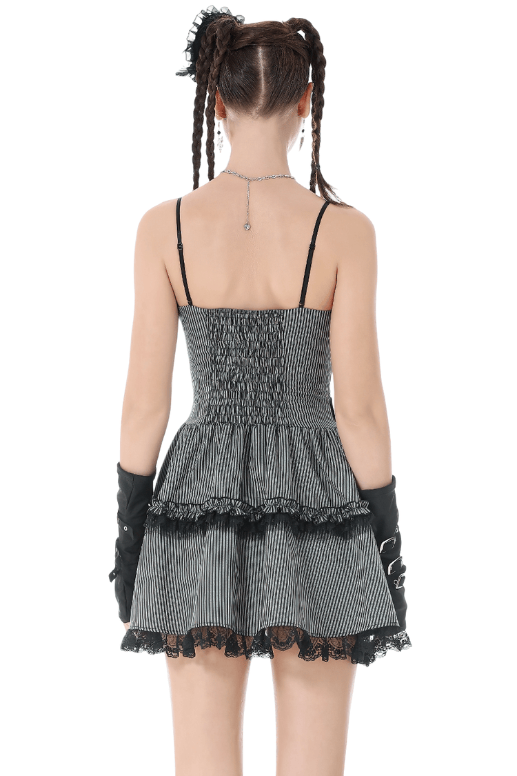 Fashion Pinstripe Ruffle Dress with Lace Hem and Belt - image 2