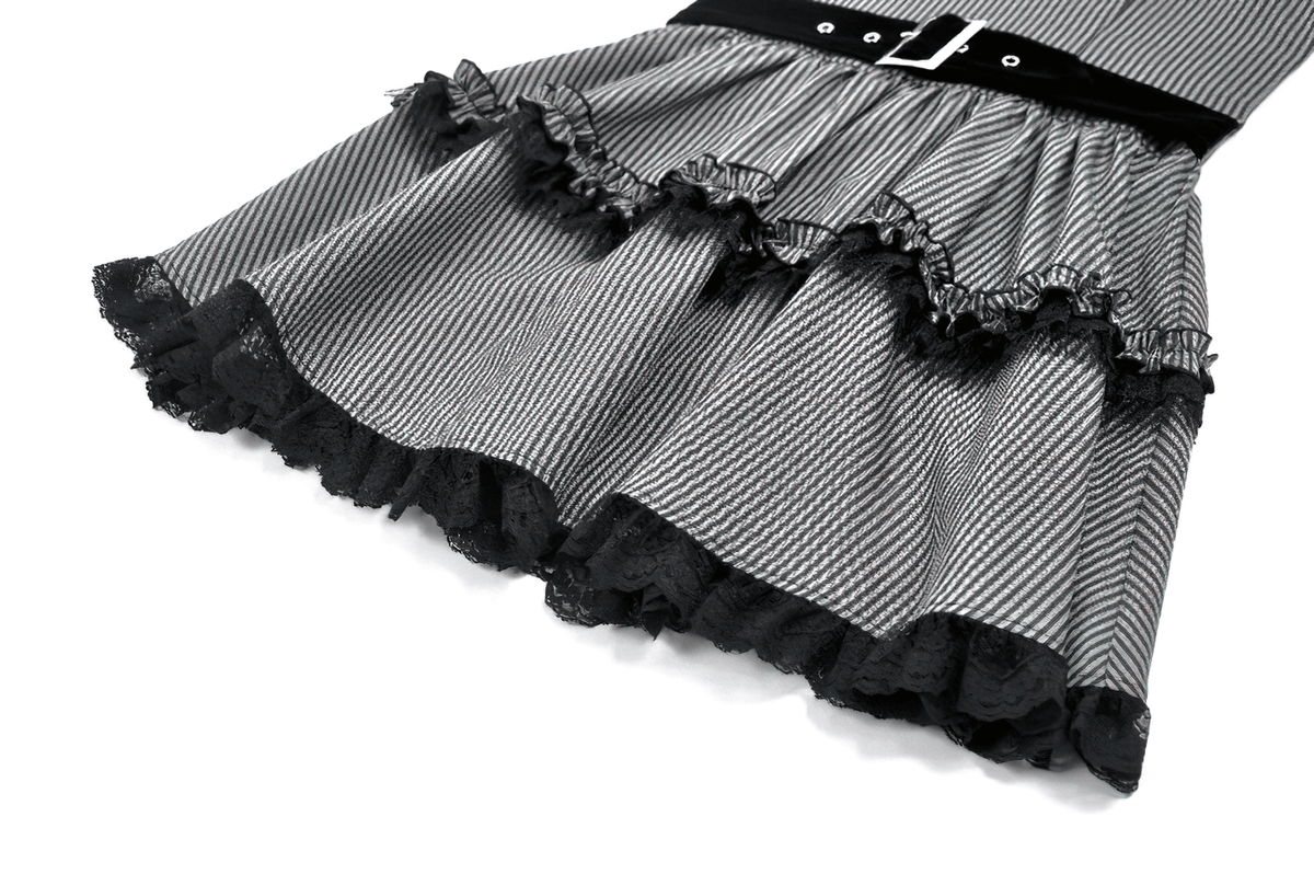 Fashion Pinstripe Ruffle Dress with Lace Hem and Belt - image 9