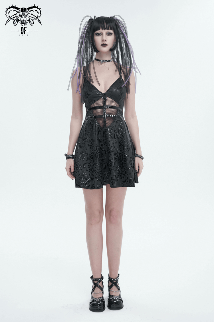 Fashion Punk V-Neck Short Dress With Lace-Up Back / Sexy Hollow Out Patterned Dresses - image 13