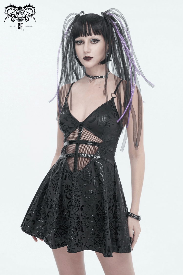 Fashion Punk V-Neck Short Dress With Lace-Up Back / Sexy Hollow Out Patterned Dresses - image 12
