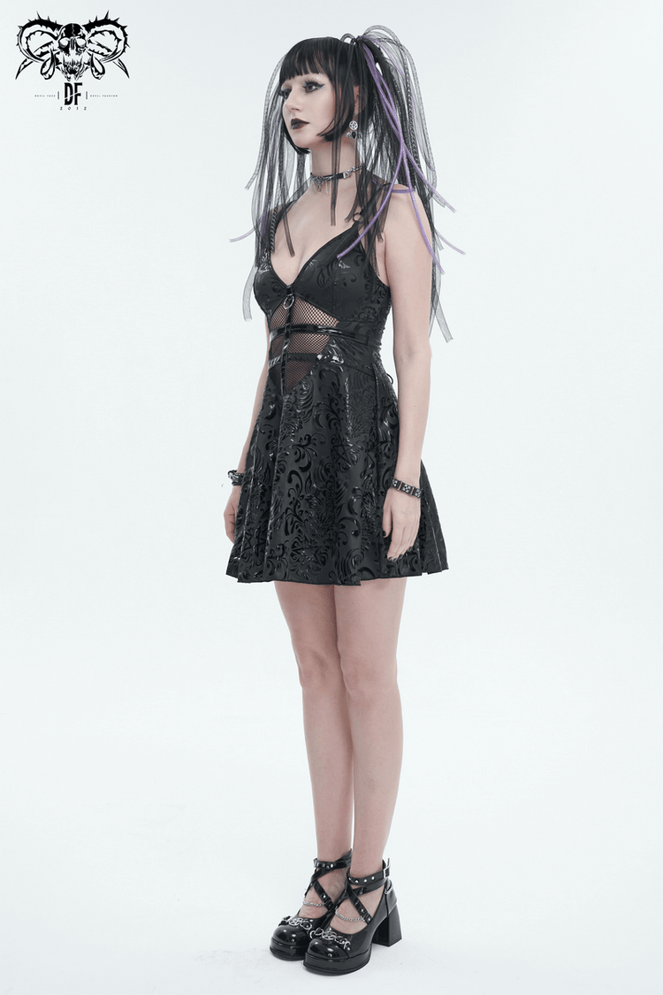 Fashion Punk V-Neck Short Dress With Lace-Up Back / Sexy Hollow Out Patterned Dresses - image 16