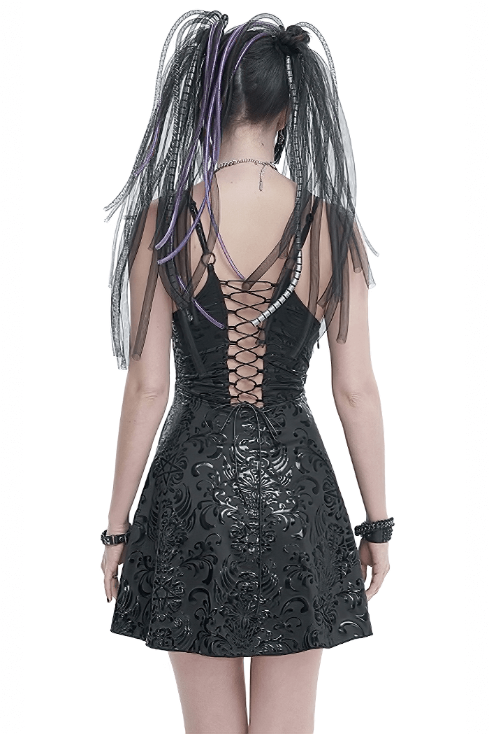 Fashion Punk V-Neck Short Dress With Lace-Up Back / Sexy Hollow Out Patterned Dresses - image 2