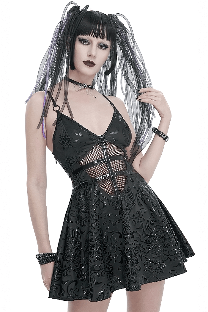 Fashion Punk V-Neck Short Dress With Lace-Up Back / Sexy Hollow Out Patterned Dresses - image 1