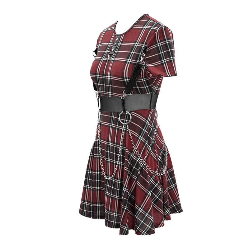 Fashion Red Plaid Short Dress in Punk Style / Women's Short Sleeve Mini Dress with Belt - image 5