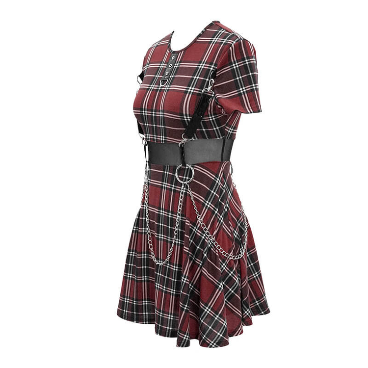 Fashion Red Plaid Short Dress in Punk Style / Women's Short Sleeve Mini Dress with Belt - image 5